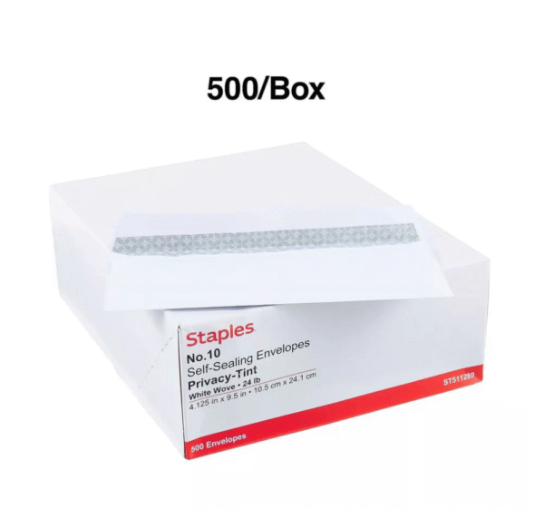 Staples Self-Sealing Security-Tint #10 Envelopes 4-1/8" x 9-1/2" Wht 500/BX